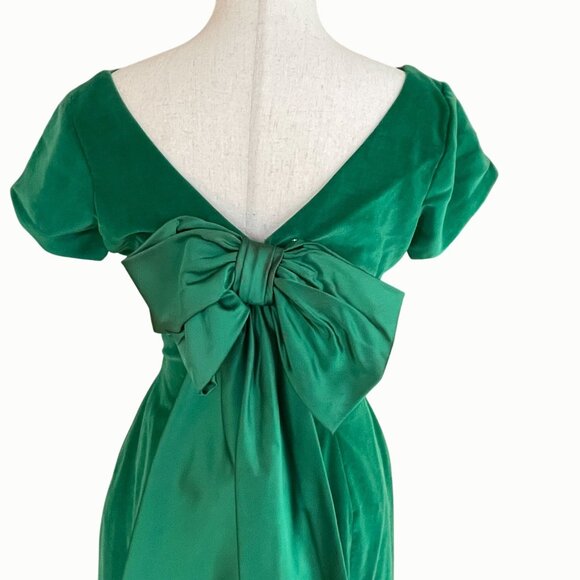Vtg 1950s Kay Selig Emerald Green Velvet Evening Tea Length Dress Satin Bow Back - Picture 7 of 14